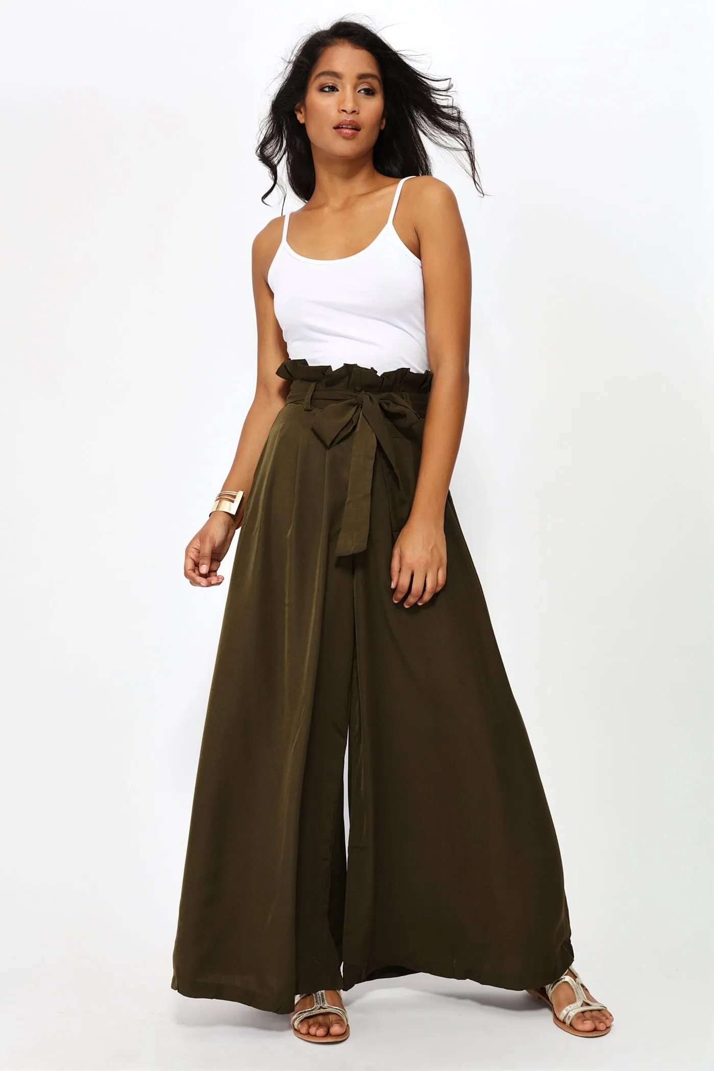 Khaki High Waisted Belted Palazzo Trousers