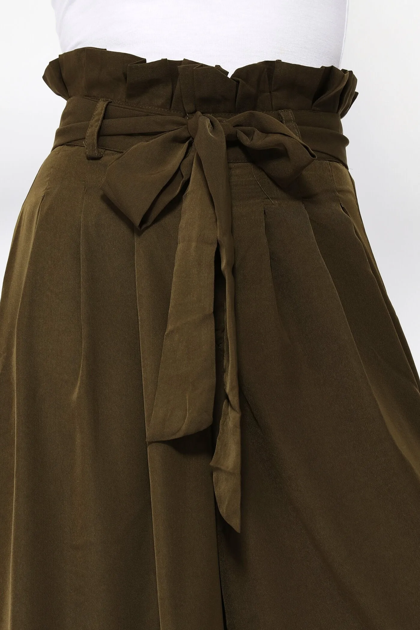 Khaki High Waisted Belted Palazzo Trousers