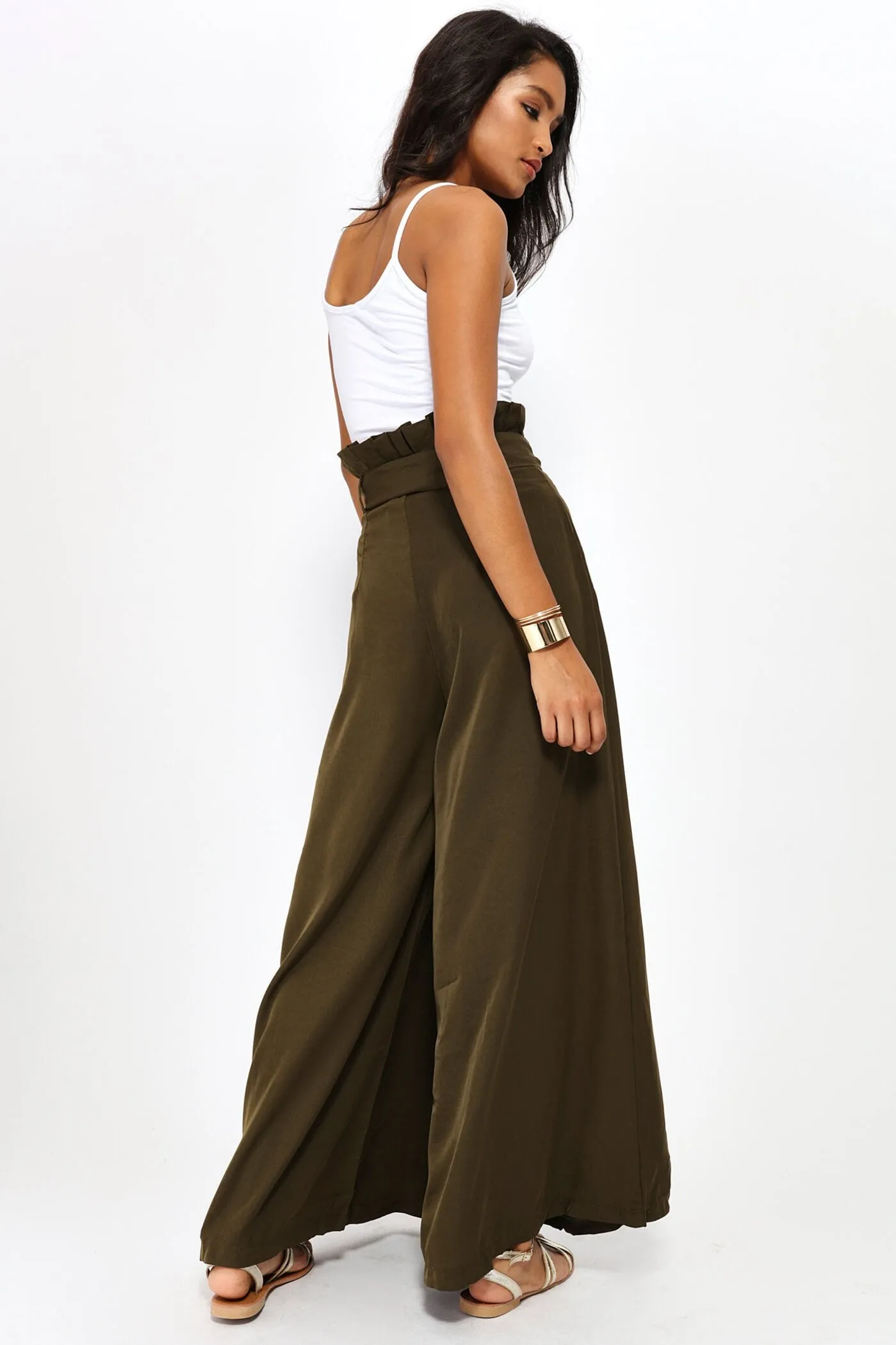Khaki High Waisted Belted Palazzo Trousers