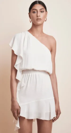 Krisa Ruffle Side Mini Dress in Cream