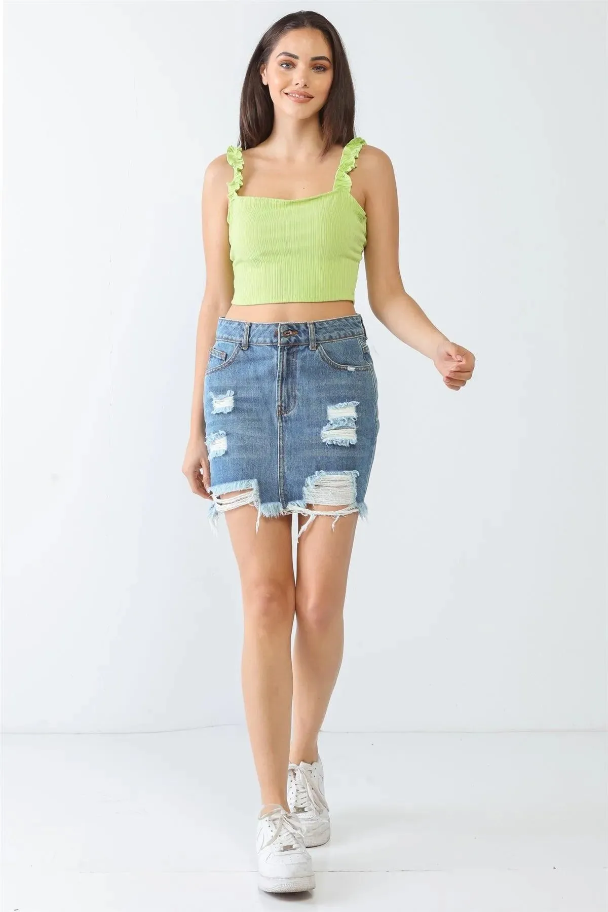 Lime Ribbed Sleeveless Ruffle Strap Crop Top /3-2-1