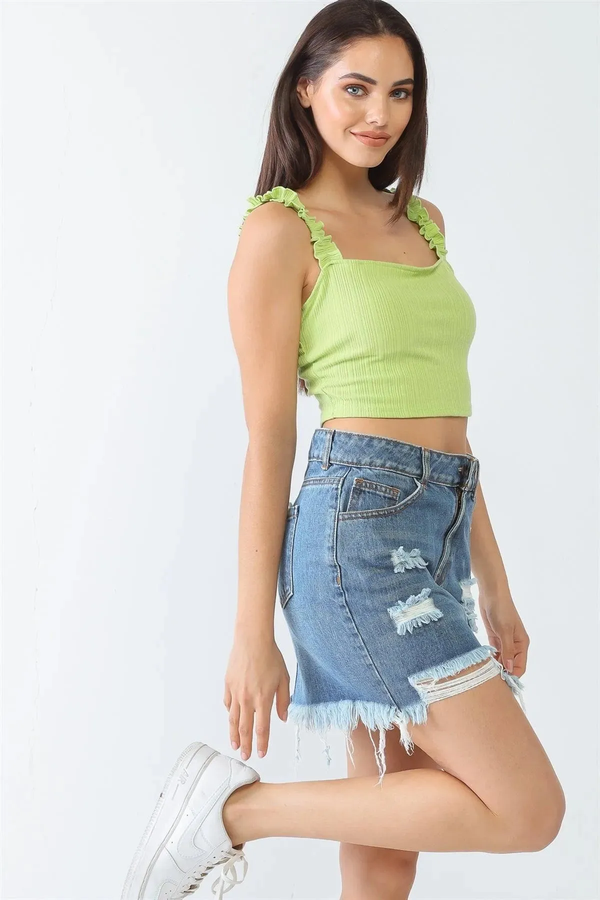 Lime Ribbed Sleeveless Ruffle Strap Crop Top /3-2-1