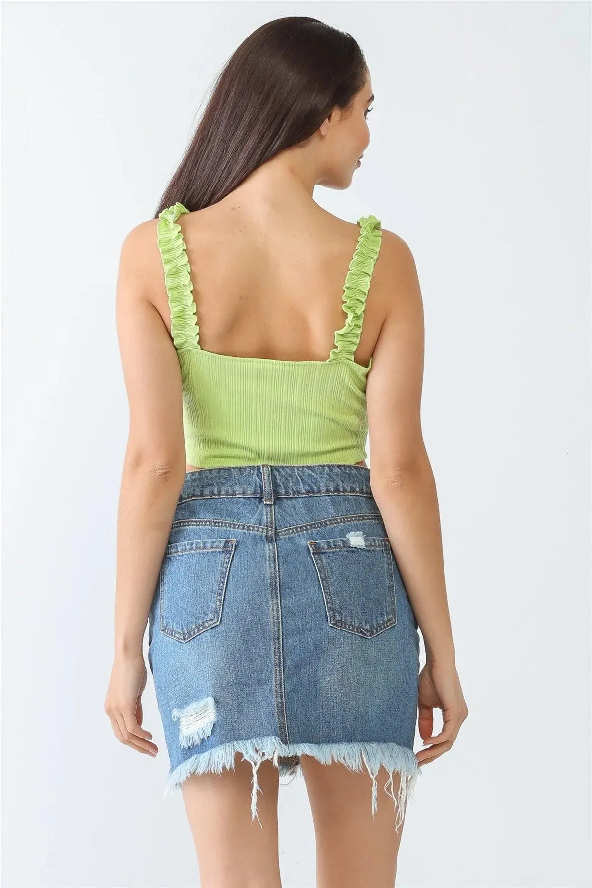 Lime Ribbed Sleeveless Ruffle Strap Crop Top /3-2-1