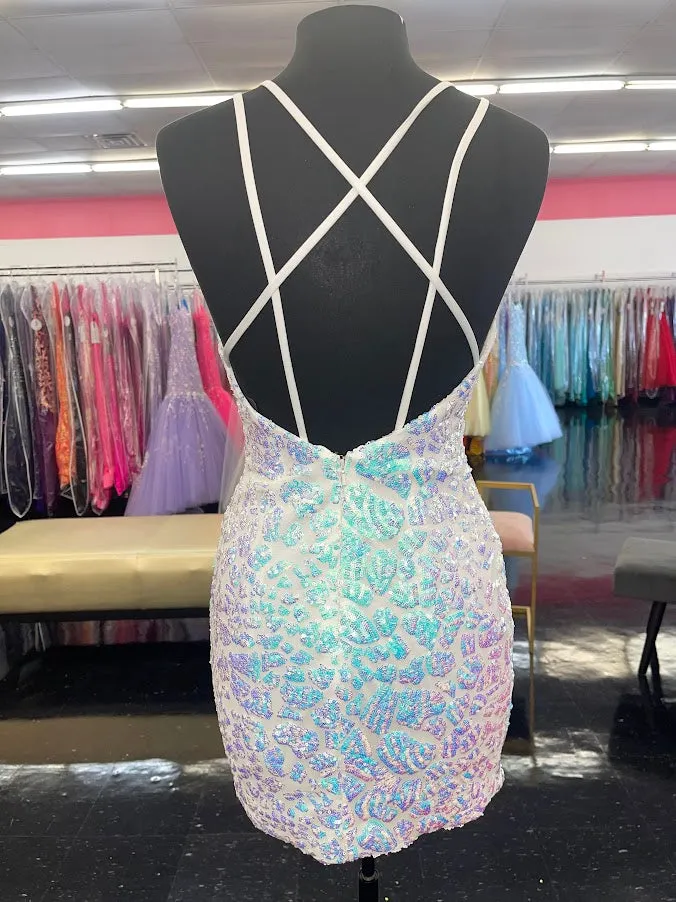 Lucci Lu 4102 Size 8 Iridescent Black Short Fitted Sequin Formal Cocktail Dress Homecoming Party Gown
