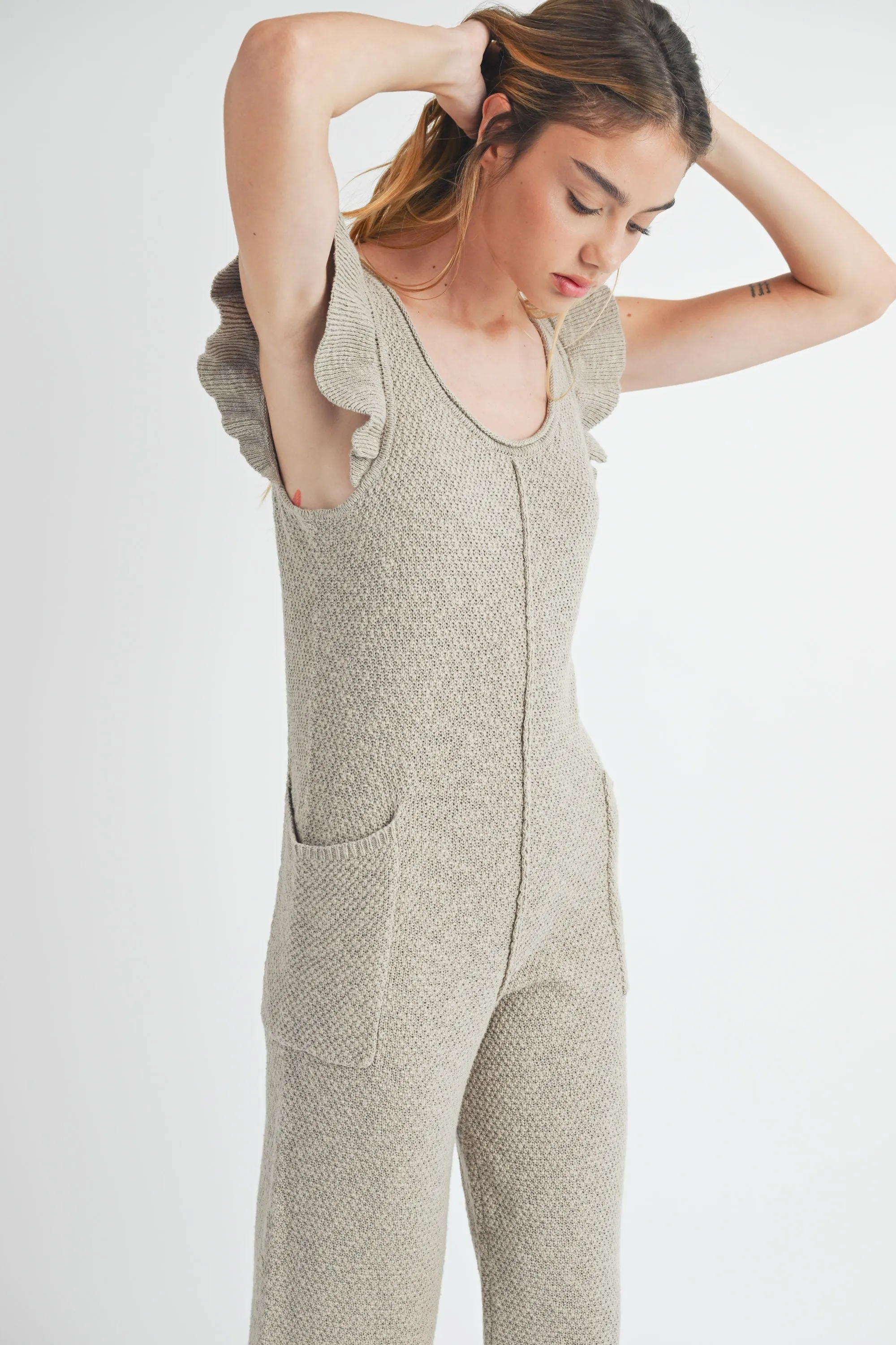 NICKI RUFFLE SLEEVE KNIT JUMPSUIT
