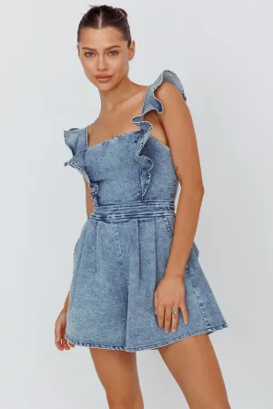Nola Flared Ruffle Romper Denim