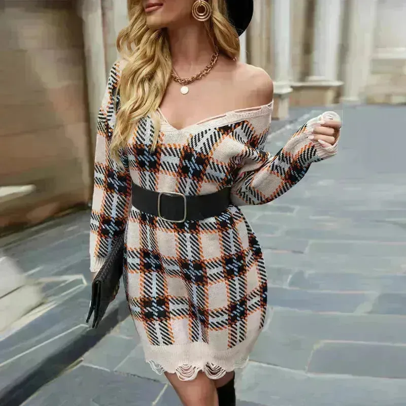 Off shoulder V-neck Pullover Knitted Mini Plaid Sweater Dress