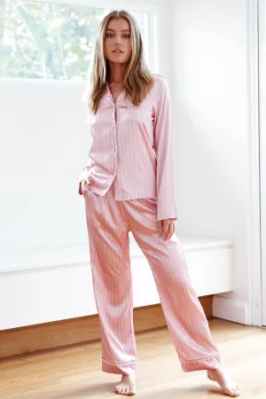Pink Satin Logo Pinstripe Pajama Trouser Set