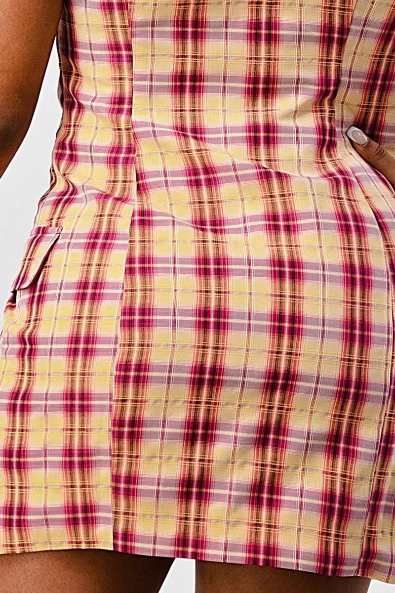 Pink Wide Collared Double Breasted Plaid Work Blazer Mini Dress_
