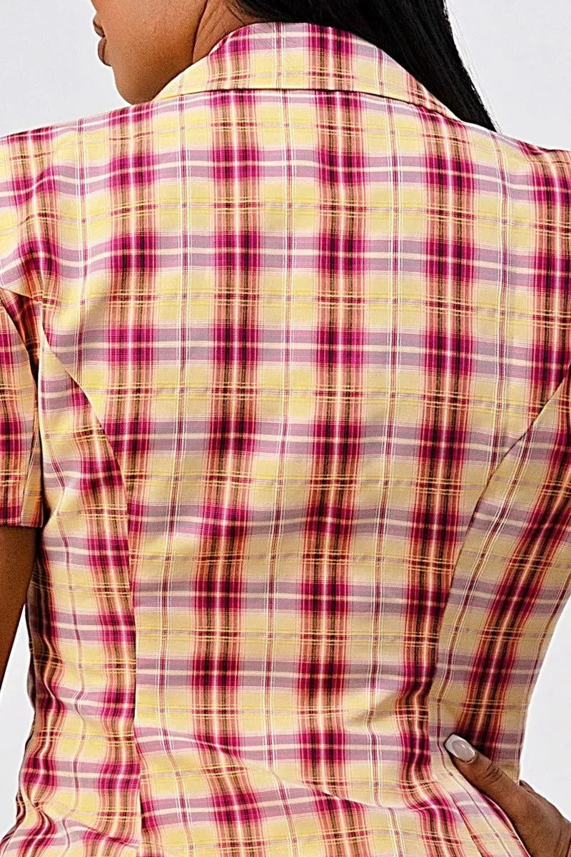 Pink Wide Collared Double Breasted Plaid Work Blazer Mini Dress_