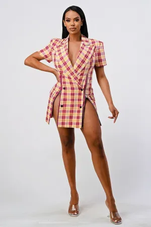 Pink Wide Collared Double Breasted Plaid Work Blazer Mini Dress_