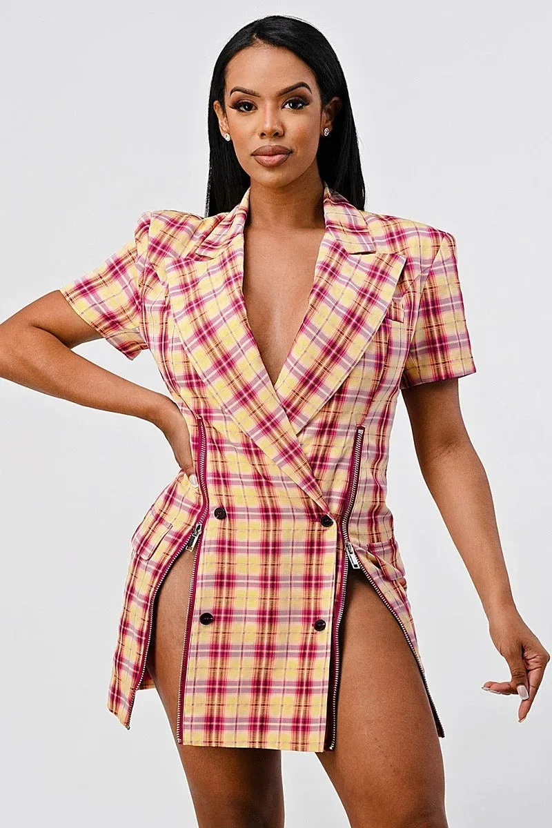 Pink Wide Collared Double Breasted Plaid Work Blazer Mini Dress_