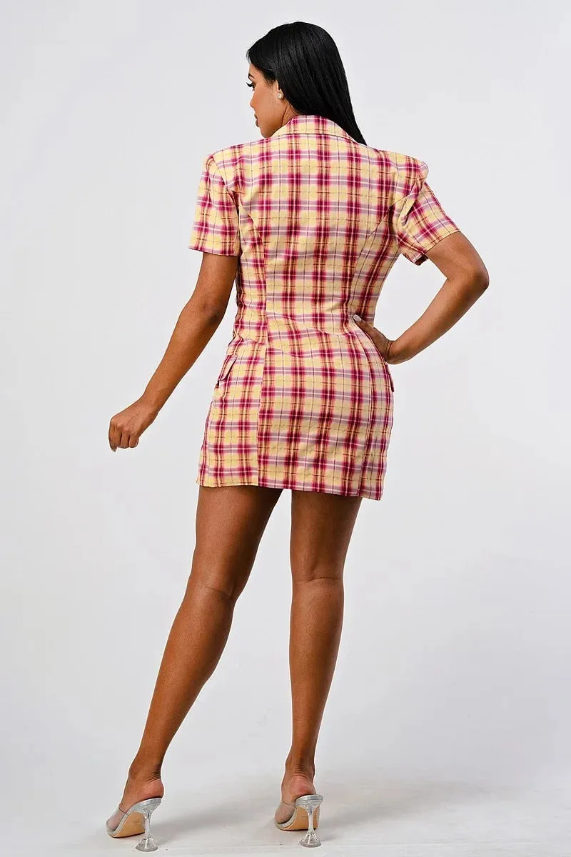 Pink Wide Collared Double Breasted Plaid Work Blazer Mini Dress_