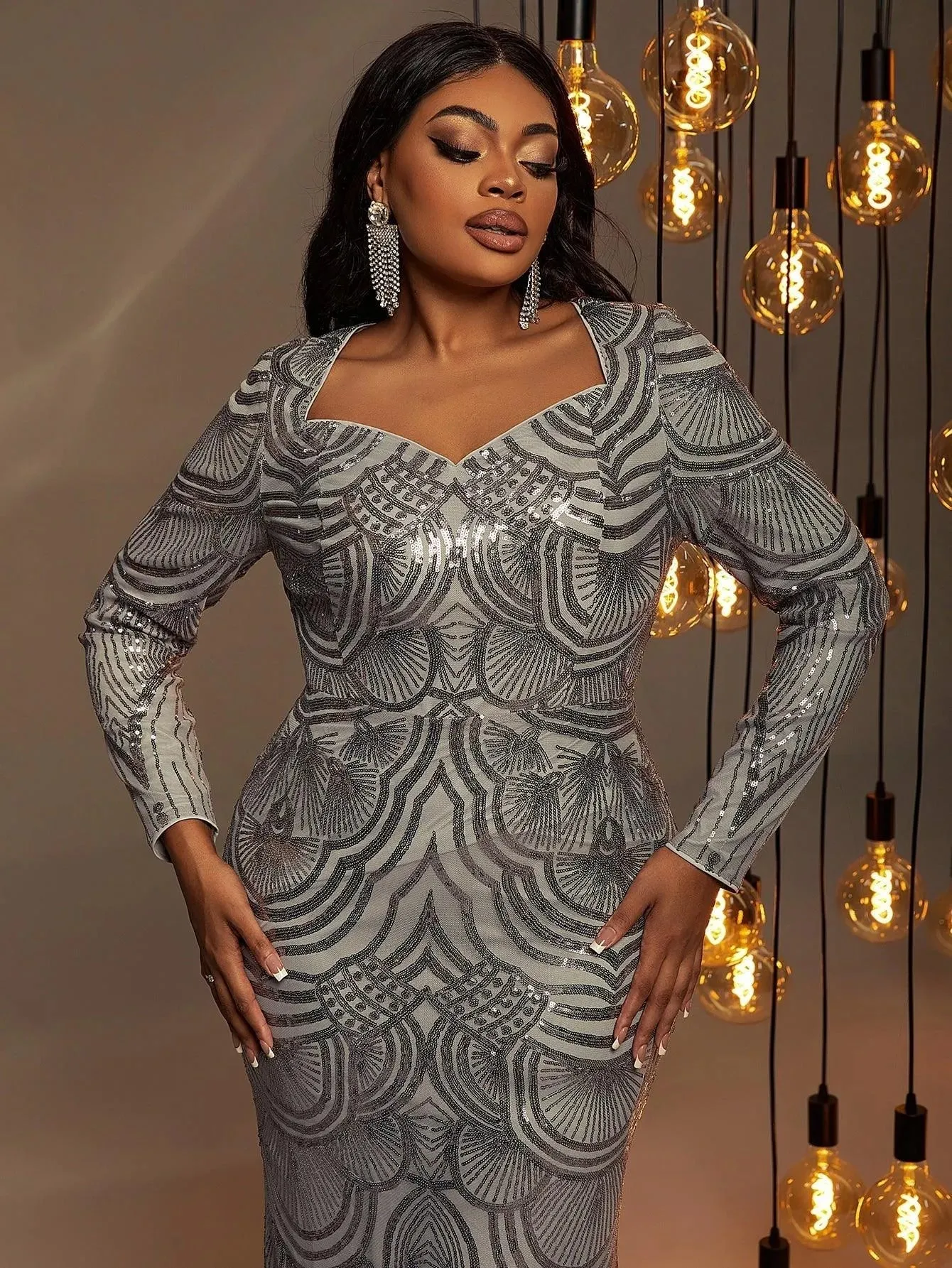 Plus Size Long Sleeve Sequin Mermaid Formal Dresses