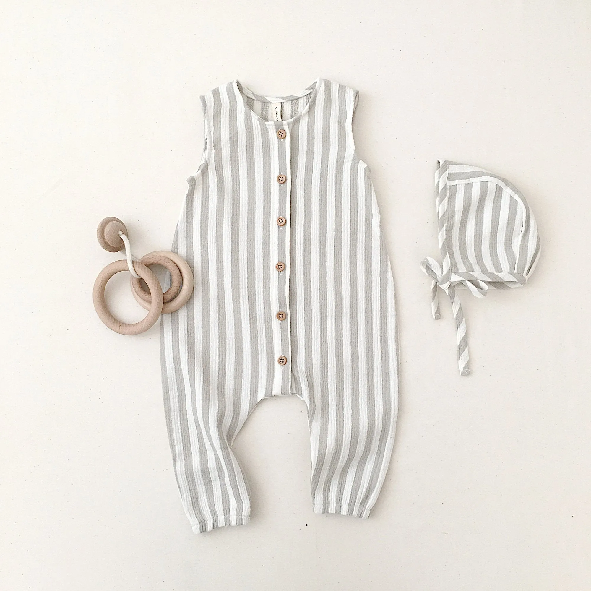 Quincy Mae - Woven Button Jumpsuit (Sage Stripe) - Last 0/3