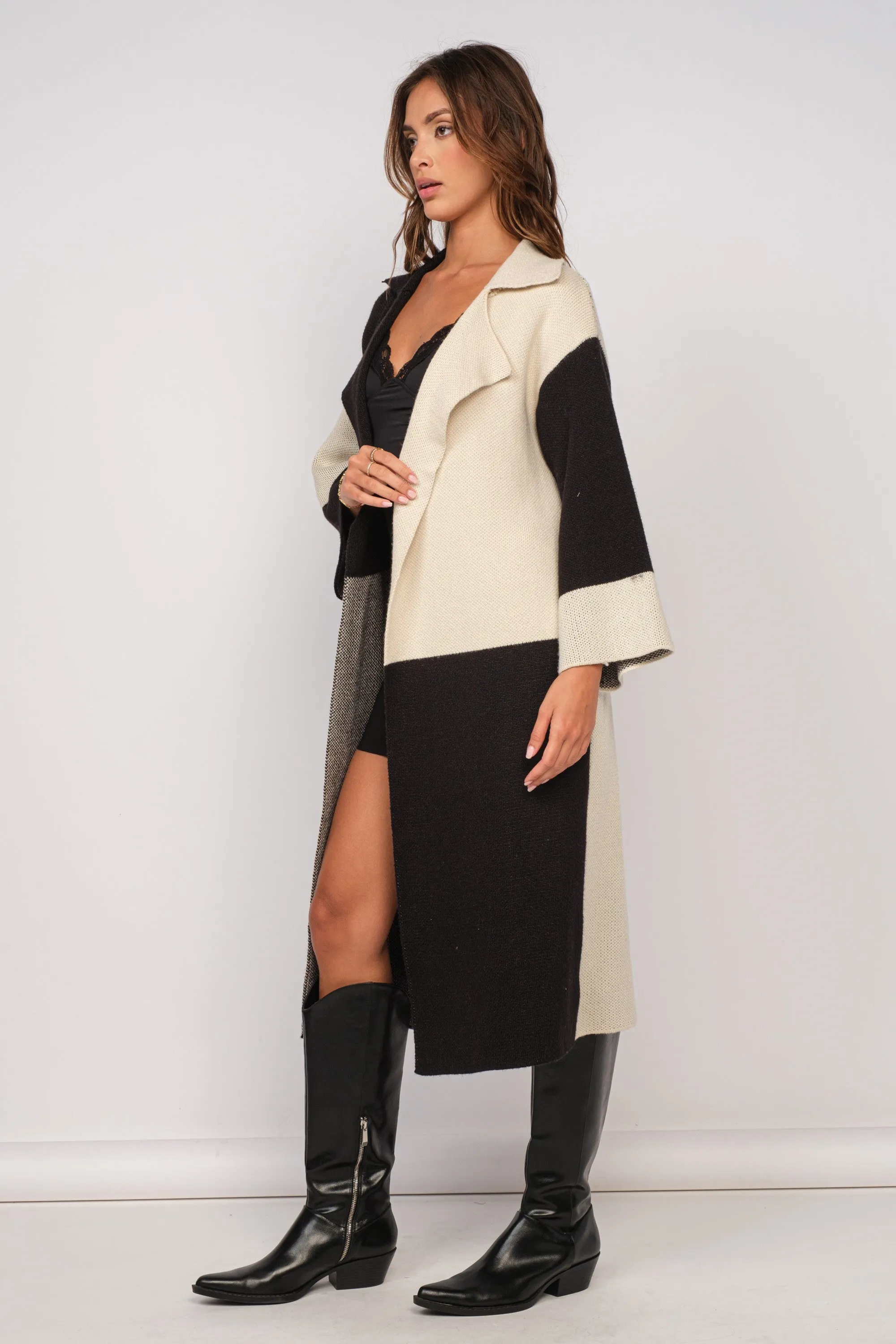"Christmas In NYC" Black and Ivory Block Pattern Trench Coat