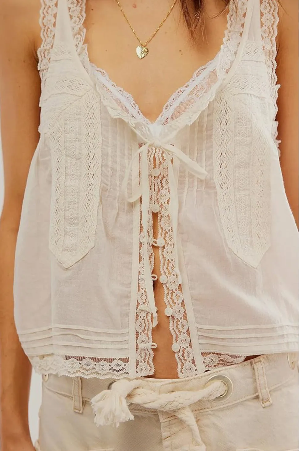 Sheer Tie Front Lace Blouse WHITE