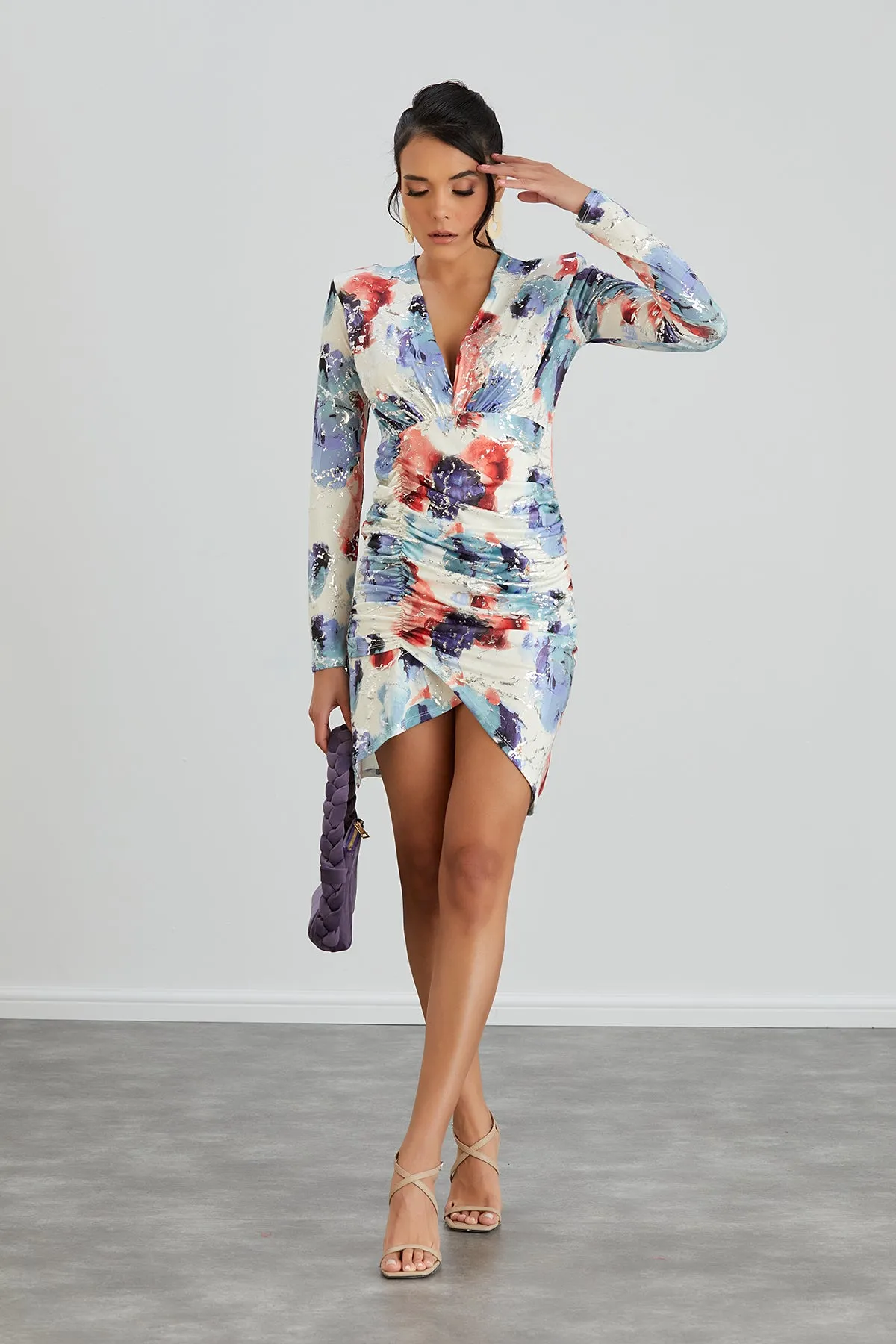 Silk Blue Long Sleeve Mini Dress