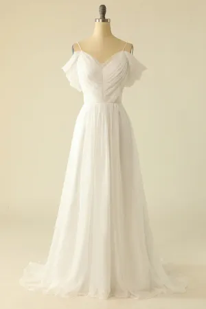 Simple White Off the Shoulder Train Dress Tulle Wedding Dress