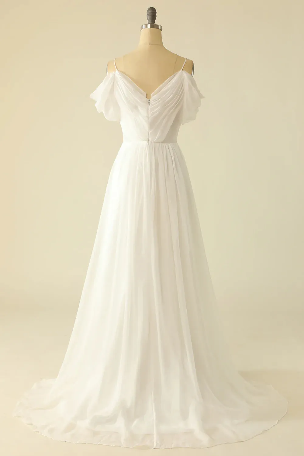 Simple White Off the Shoulder Train Dress Tulle Wedding Dress