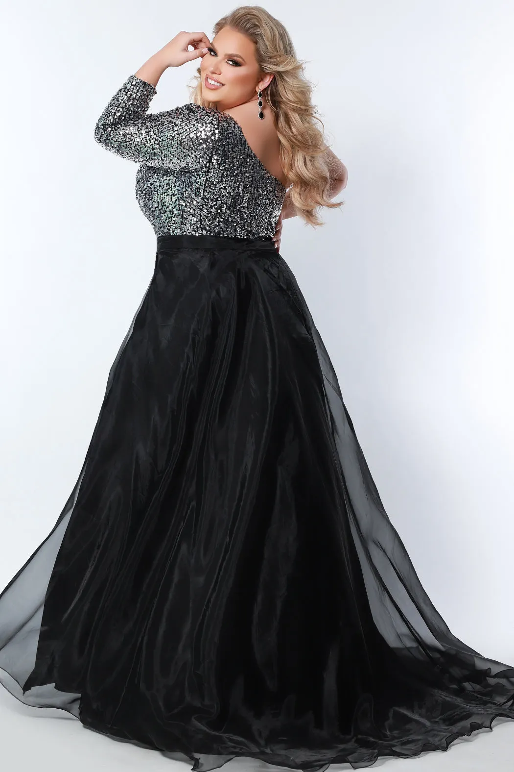 Sydney's Closet SC9107 Long Sequin Plus Size Jumpsuit One Shoulder Long Sleeve Formal