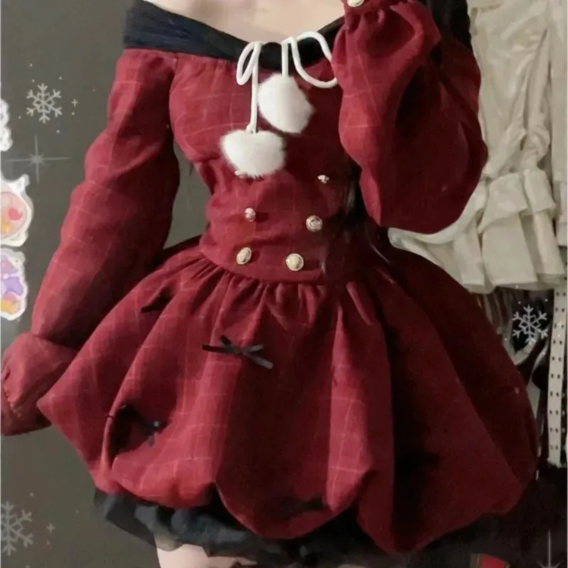 TAVIMART  -  Y2K Christmas Red Elegant Party Dress Women Casual Sweet Plaid Bow Dresses Female Korean Fashion Chic Kawaii Mini Dress