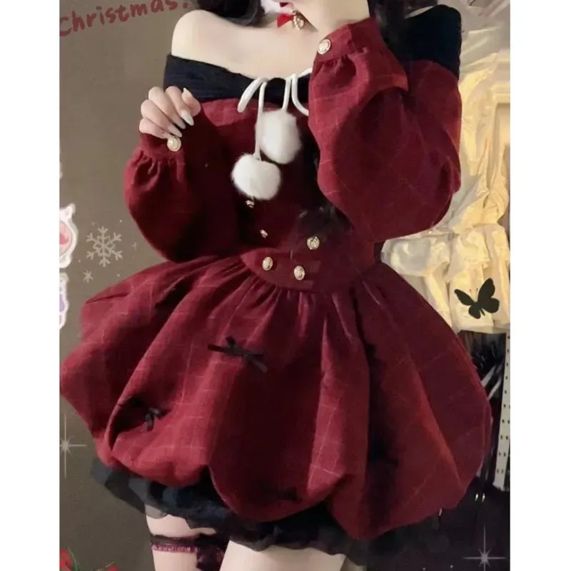 TAVIMART  -  Y2K Christmas Red Elegant Party Dress Women Casual Sweet Plaid Bow Dresses Female Korean Fashion Chic Kawaii Mini Dress