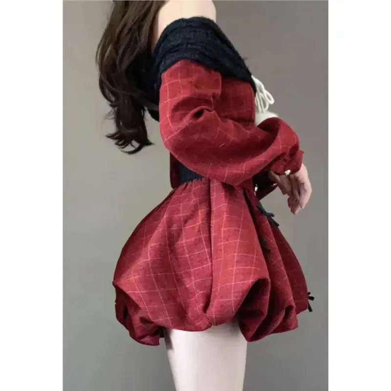 TAVIMART  -  Y2K Christmas Red Elegant Party Dress Women Casual Sweet Plaid Bow Dresses Female Korean Fashion Chic Kawaii Mini Dress