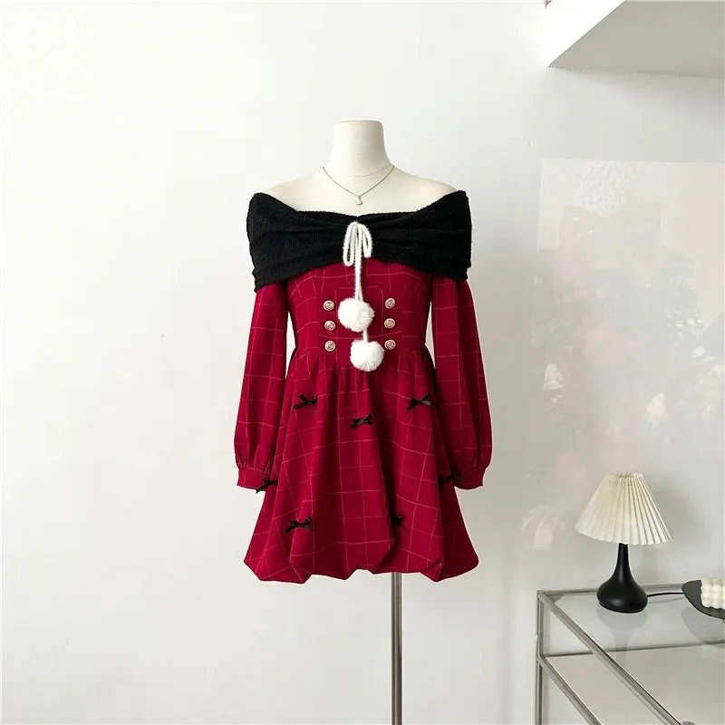 TAVIMART  -  Y2K Christmas Red Elegant Party Dress Women Casual Sweet Plaid Bow Dresses Female Korean Fashion Chic Kawaii Mini Dress