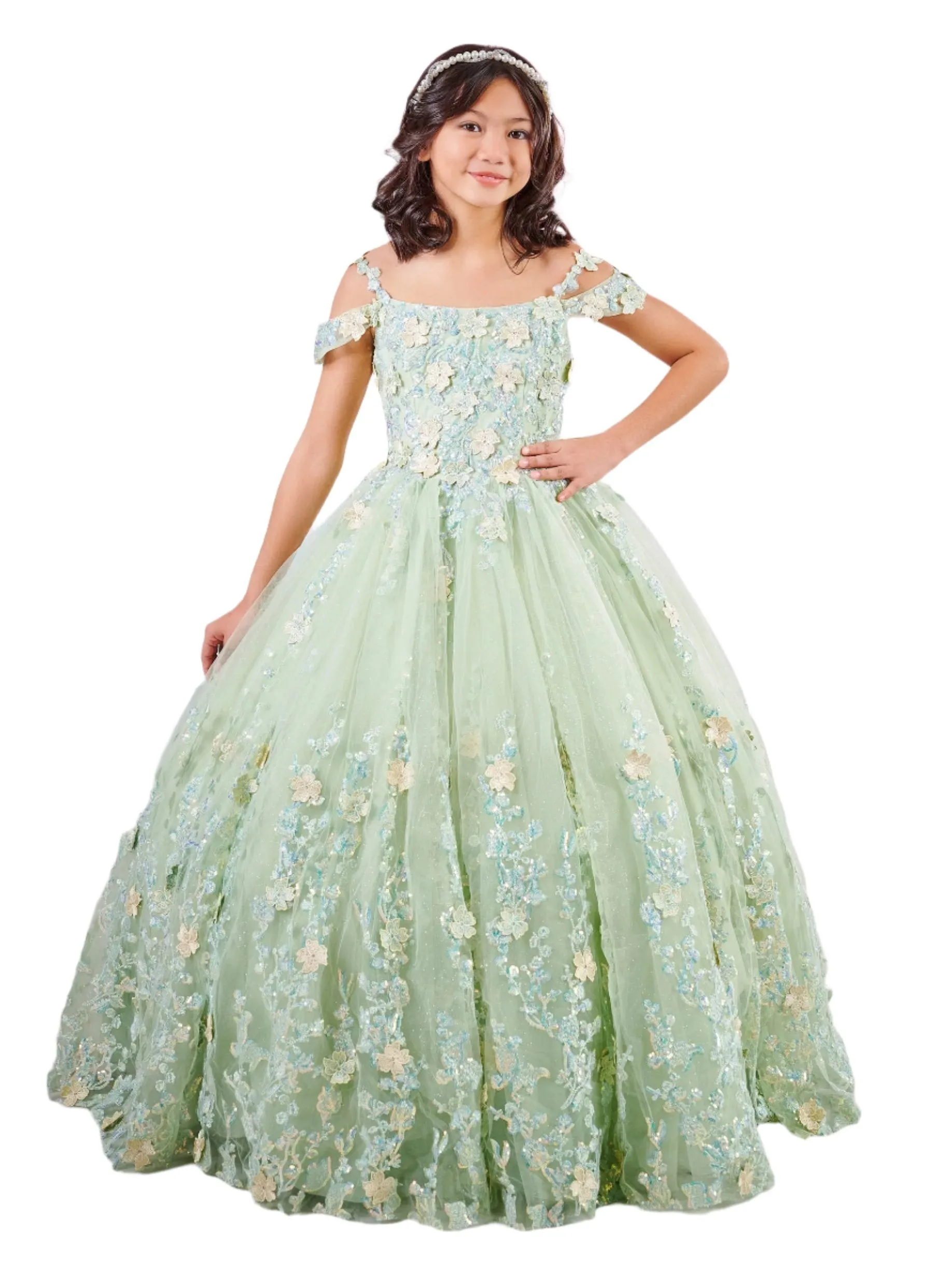 Tiffany 80002MQ Size 4 Sage Girls 3D Lace Shimmer Pageant Dress off the shoulder Mini Quince Gown