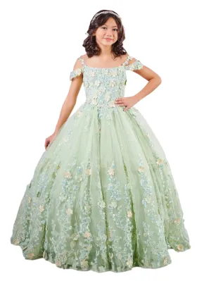 Tiffany 80002MQ Size 4 Sage Girls 3D Lace Shimmer Pageant Dress off the shoulder Mini Quince Gown
