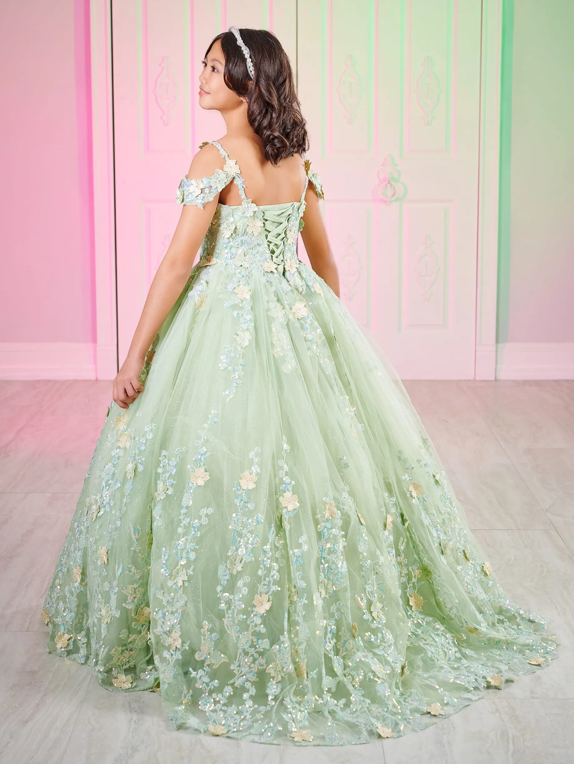 Tiffany 80002MQ Size 4 Sage Girls 3D Lace Shimmer Pageant Dress off the shoulder Mini Quince Gown