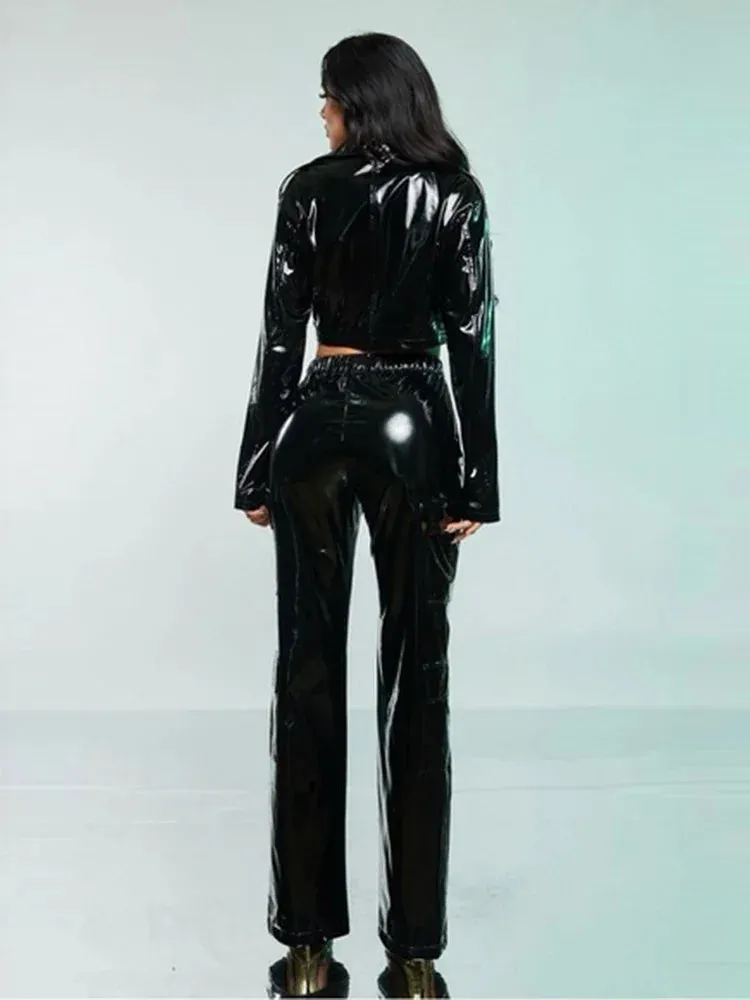 Trend4us Women's High-Waisted Shiny Black Latex Cargo Pants