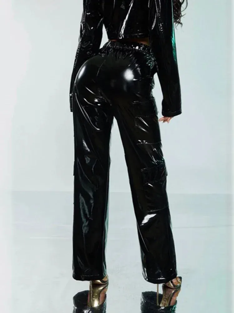 Trend4us Women's High-Waisted Shiny Black Latex Cargo Pants