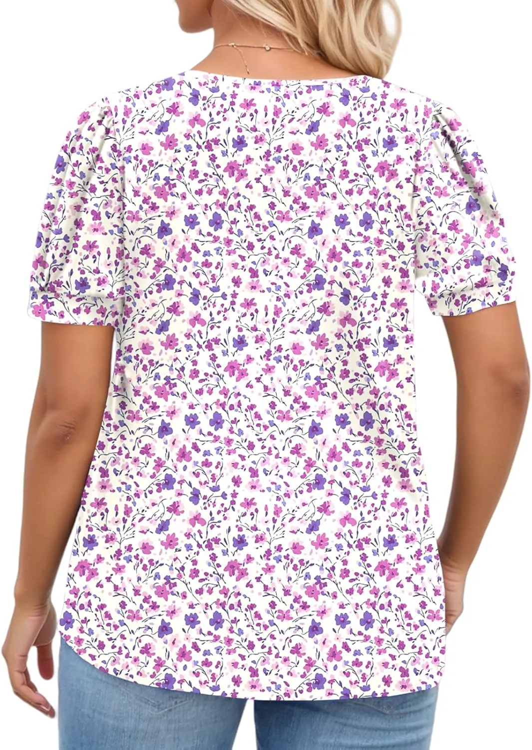 VISLILY Womens-Plus-Size-Summer-Tops Dressy Ruffle V Neck T Shirts Trendy Puff Short Sleeve Tunics Casual Buttons Up Blouses