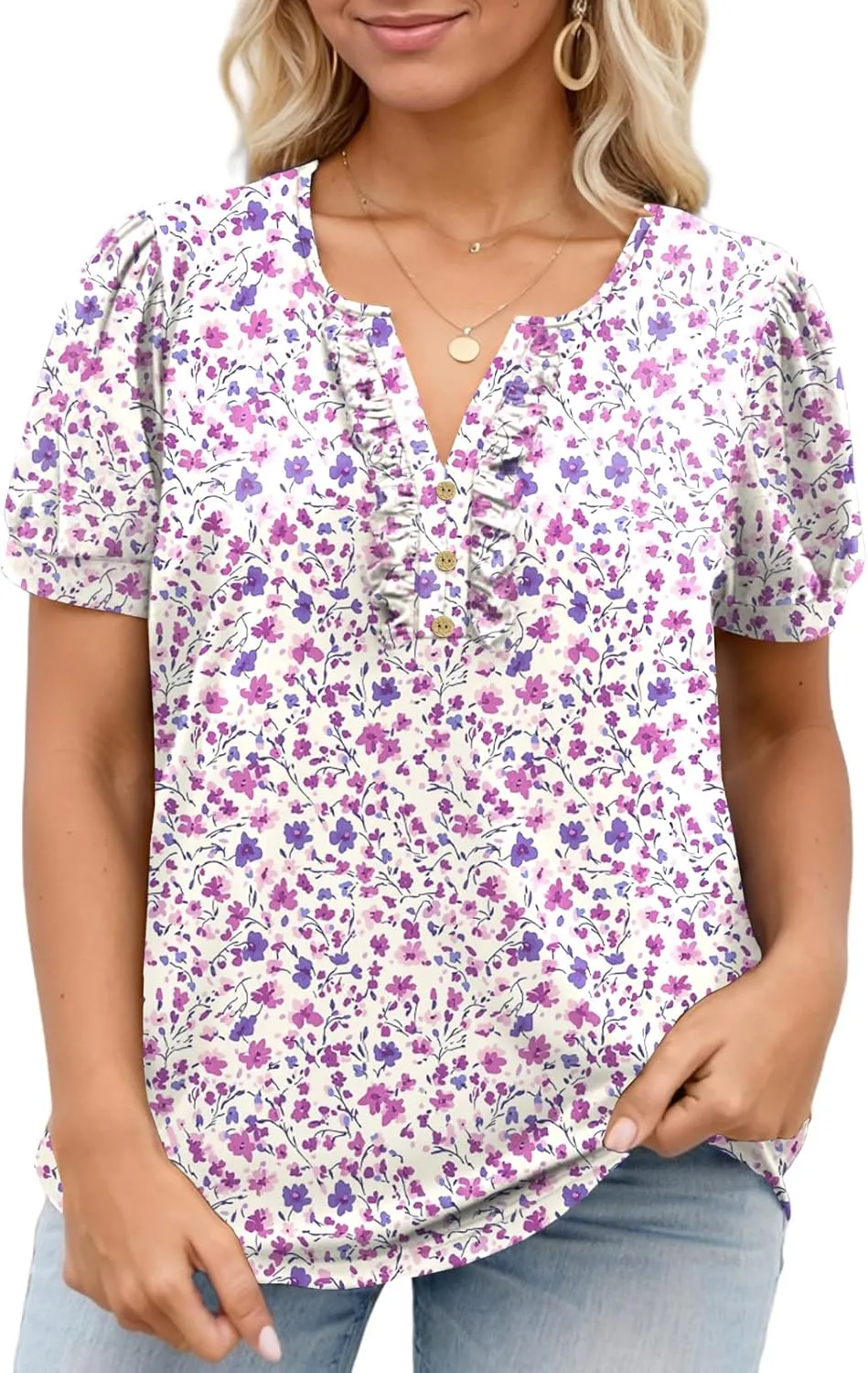VISLILY Womens-Plus-Size-Summer-Tops Dressy Ruffle V Neck T Shirts Trendy Puff Short Sleeve Tunics Casual Buttons Up Blouses