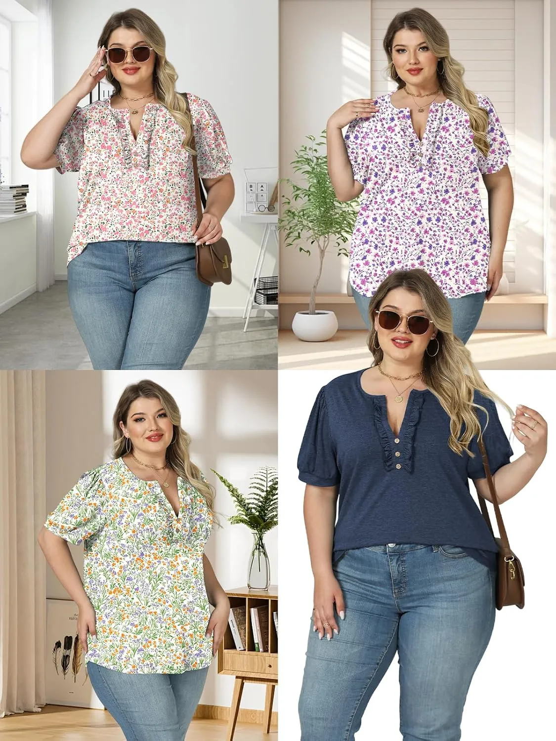 VISLILY Womens-Plus-Size-Summer-Tops Dressy Ruffle V Neck T Shirts Trendy Puff Short Sleeve Tunics Casual Buttons Up Blouses