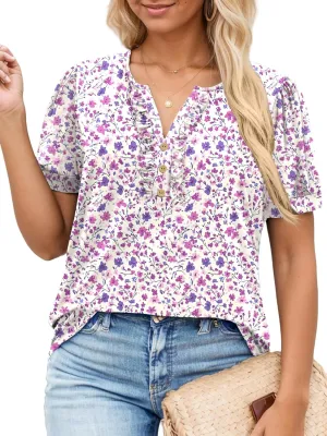 VISLILY Womens-Plus-Size-Summer-Tops Dressy Ruffle V Neck T Shirts Trendy Puff Short Sleeve Tunics Casual Buttons Up Blouses