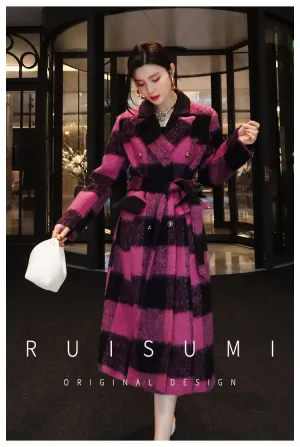 Winter New Design Sense Contrasting Pink Black Plaid Retro Wool Coat  Double-breasted Long Coat- Cochela