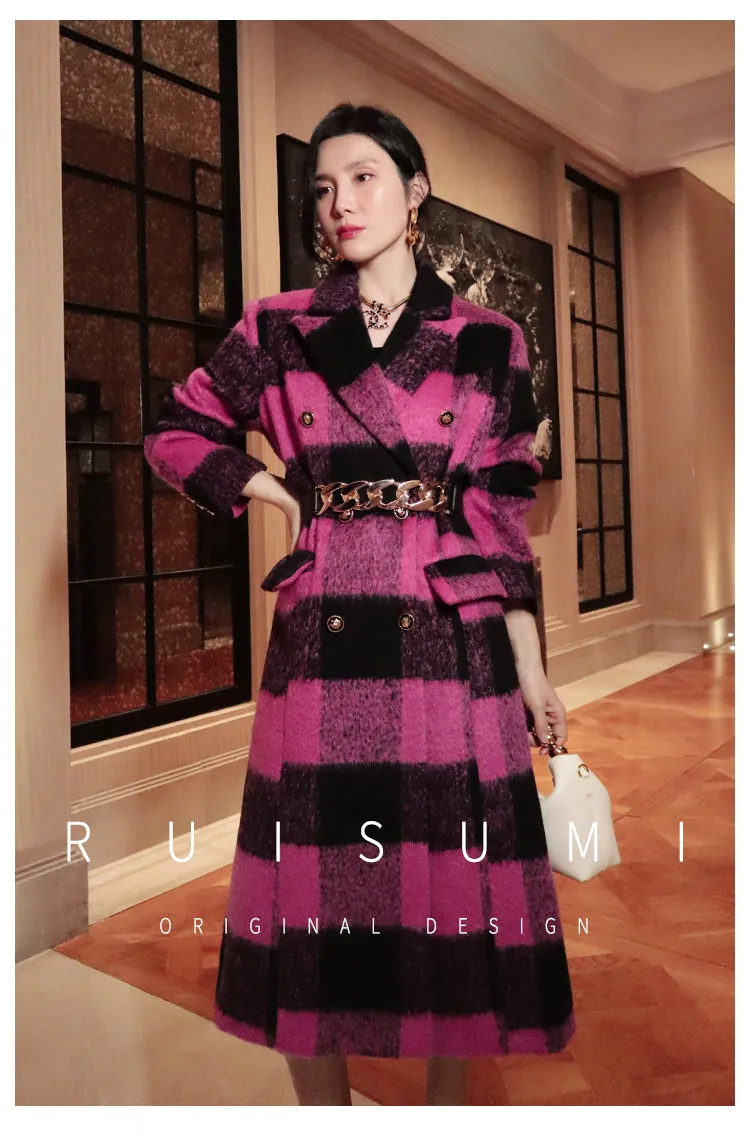 Winter New Design Sense Contrasting Pink Black Plaid Retro Wool Coat  Double-breasted Long Coat- Cochela