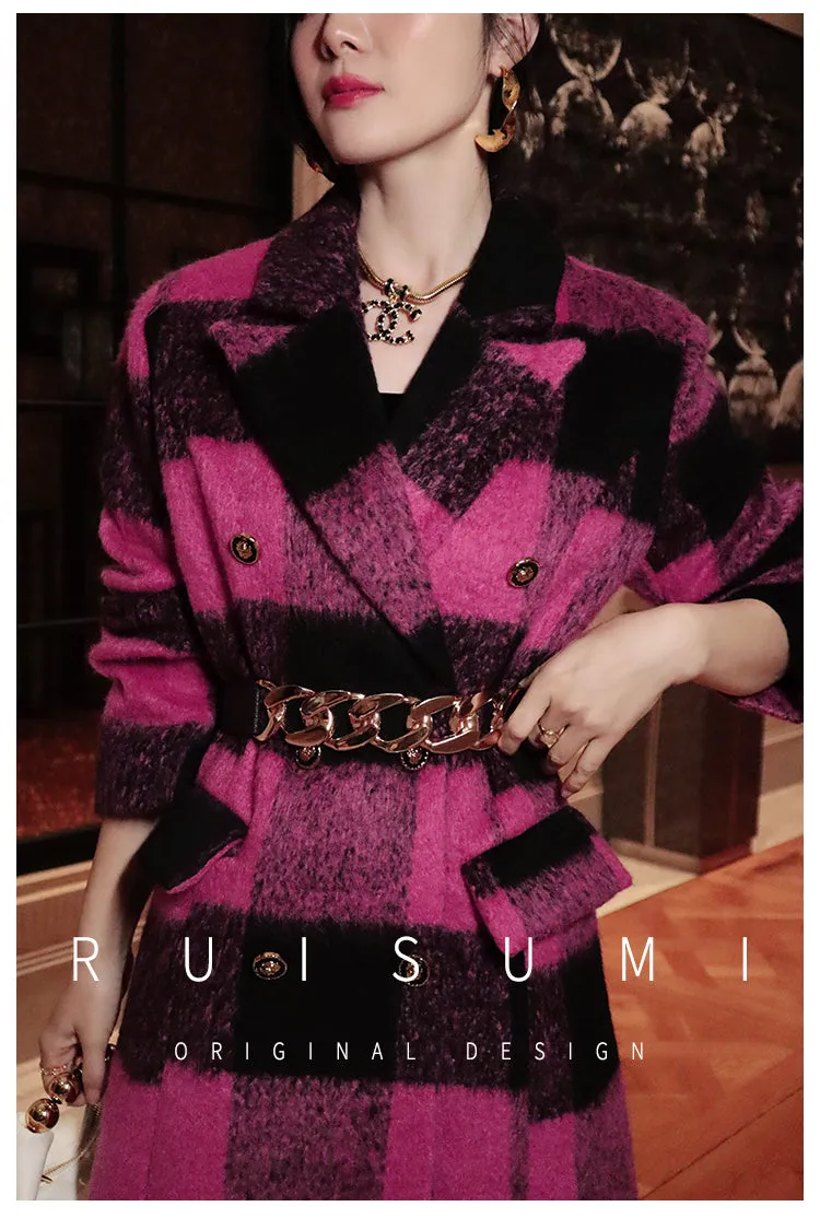 Winter New Design Sense Contrasting Pink Black Plaid Retro Wool Coat  Double-breasted Long Coat- Cochela