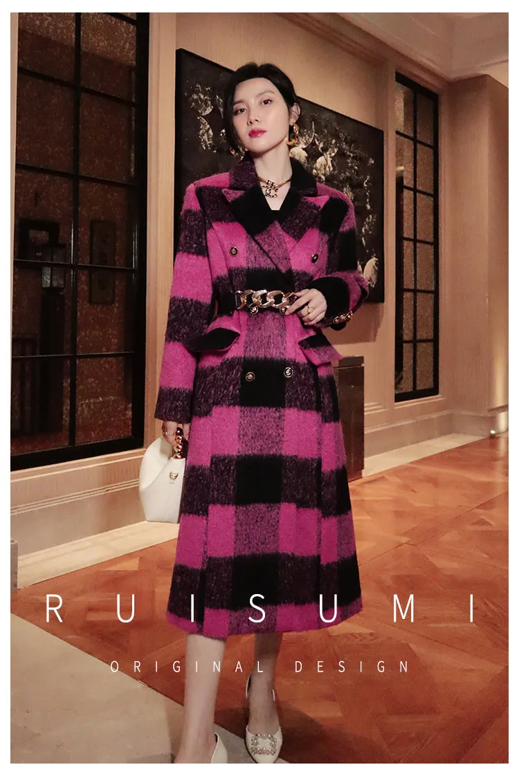 Winter New Design Sense Contrasting Pink Black Plaid Retro Wool Coat  Double-breasted Long Coat- Cochela