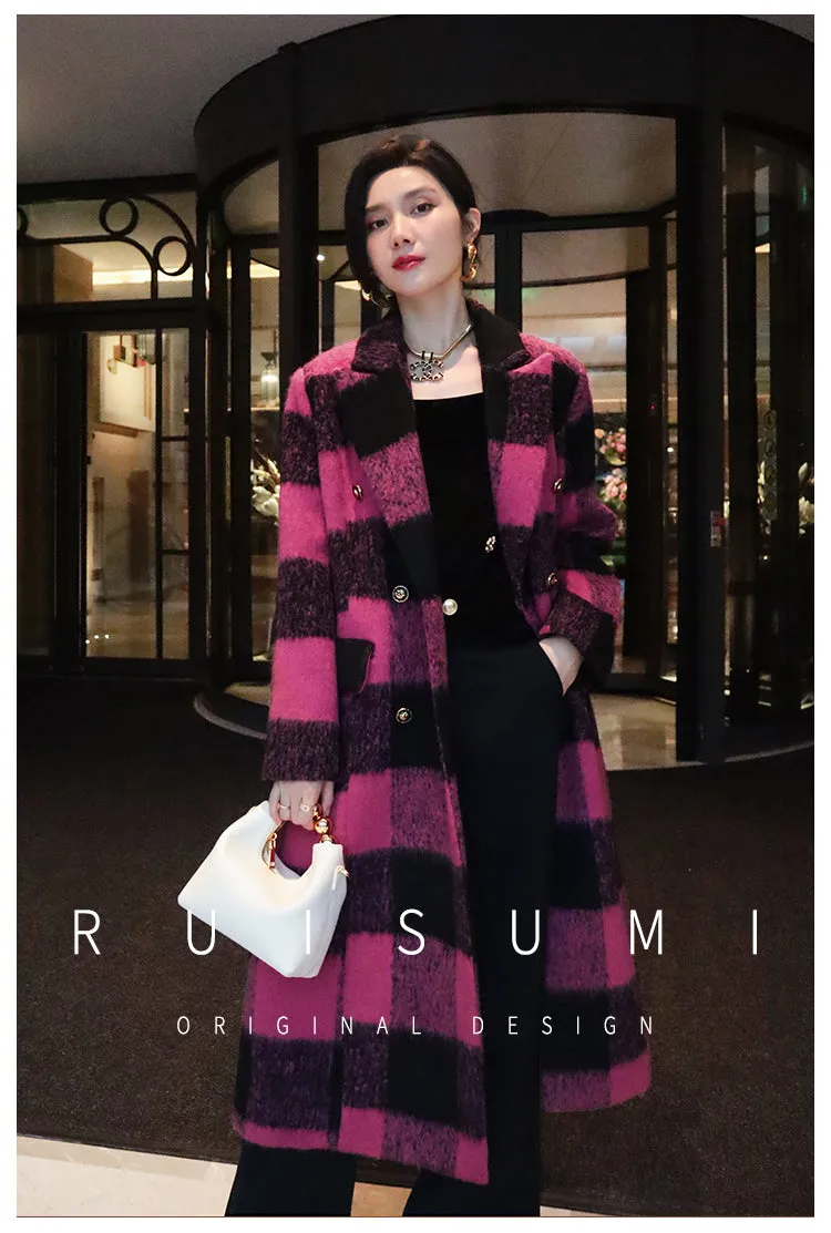 Winter New Design Sense Contrasting Pink Black Plaid Retro Wool Coat  Double-breasted Long Coat- Cochela