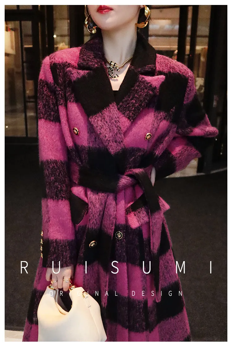 Winter New Design Sense Contrasting Pink Black Plaid Retro Wool Coat  Double-breasted Long Coat- Cochela