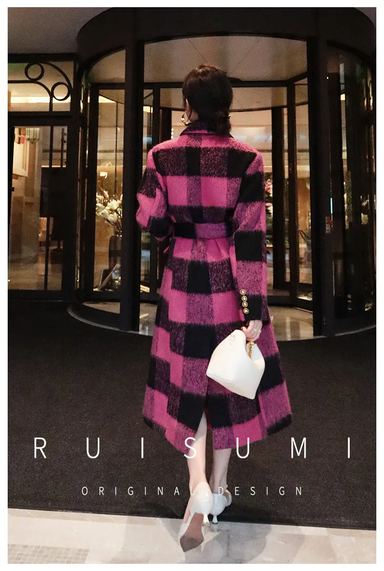 Winter New Design Sense Contrasting Pink Black Plaid Retro Wool Coat  Double-breasted Long Coat- Cochela