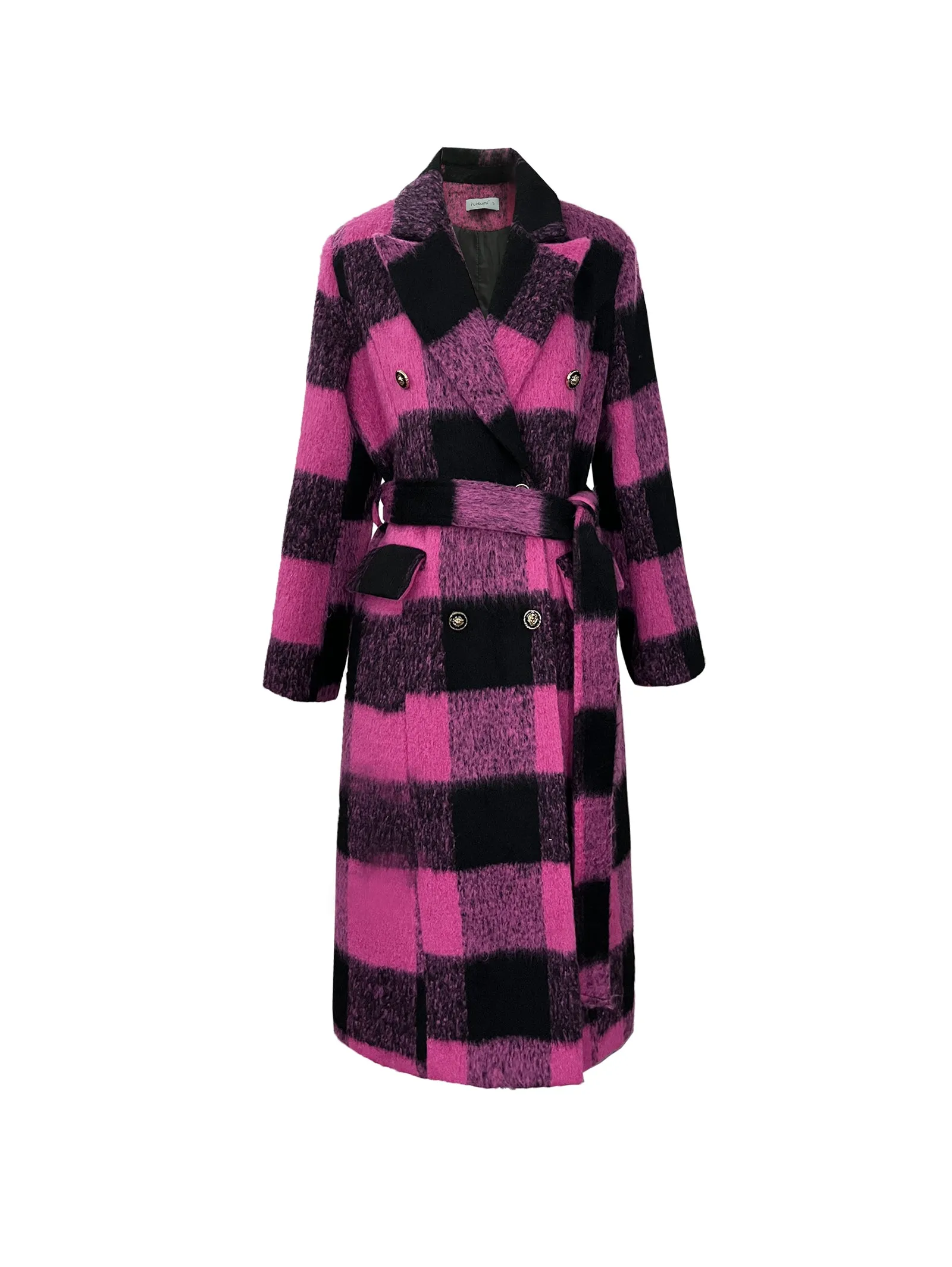 Winter New Design Sense Contrasting Pink Black Plaid Retro Wool Coat  Double-breasted Long Coat- Cochela
