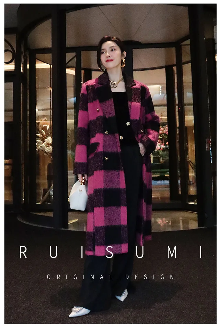 Winter New Design Sense Contrasting Pink Black Plaid Retro Wool Coat  Double-breasted Long Coat- Cochela