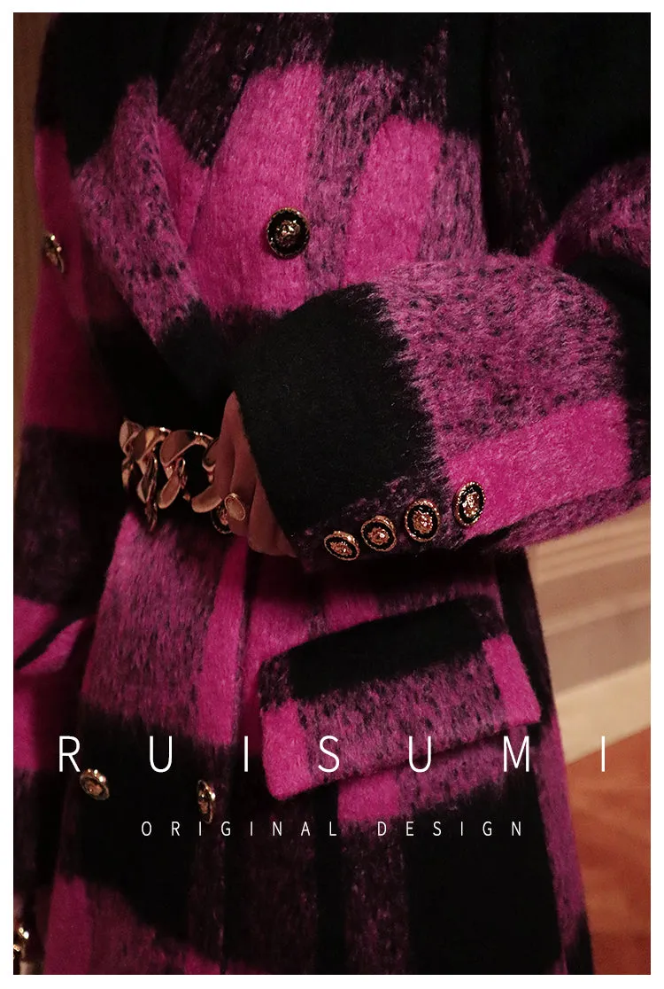 Winter New Design Sense Contrasting Pink Black Plaid Retro Wool Coat  Double-breasted Long Coat- Cochela