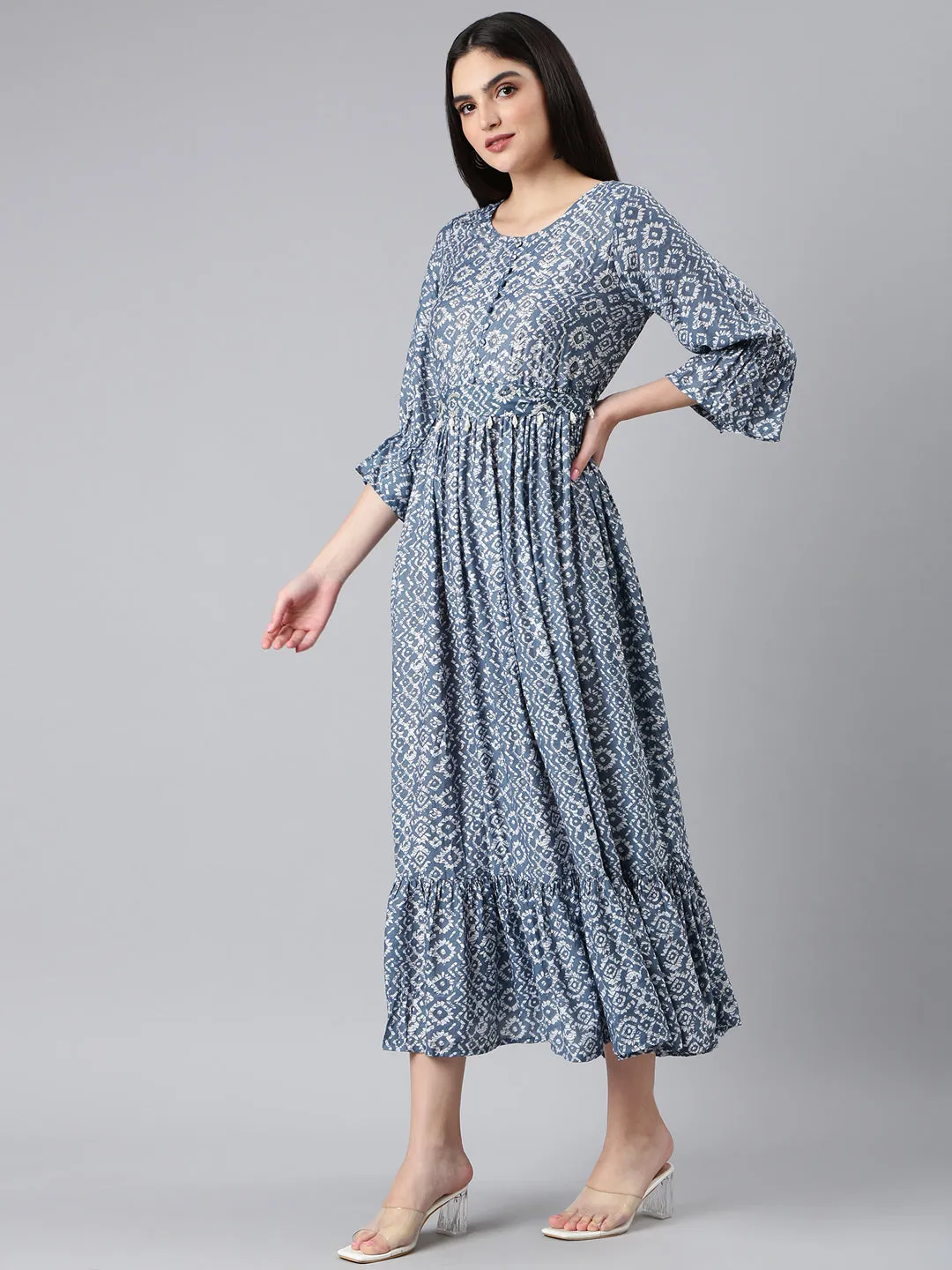 Women Grey Printed Fit and Flare Dress