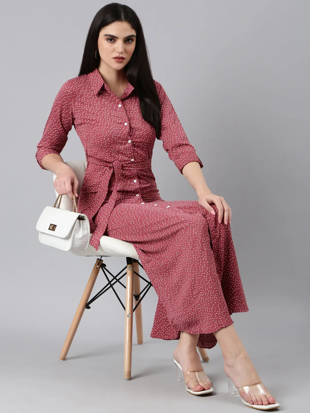 Women Mauve Polka Dots Shirt Dress